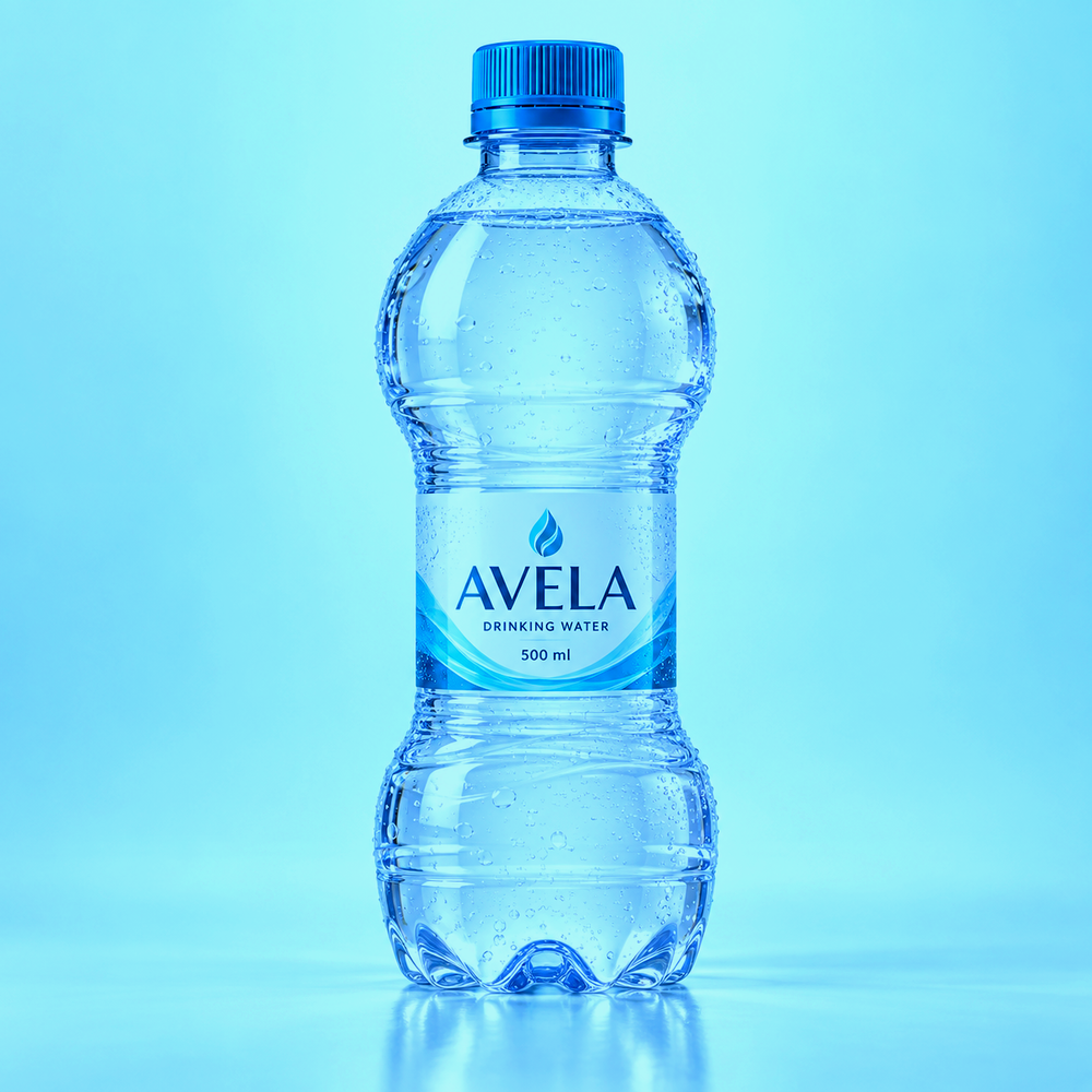 AVELA 500 ml bottle in blue — packaging concept