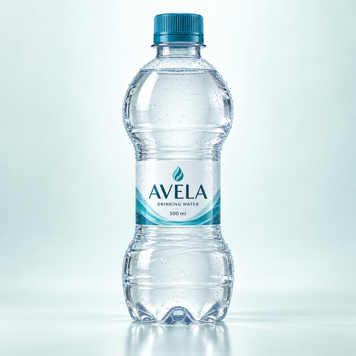 AVELA 500 ml bottle concept with clear water and a blue cap