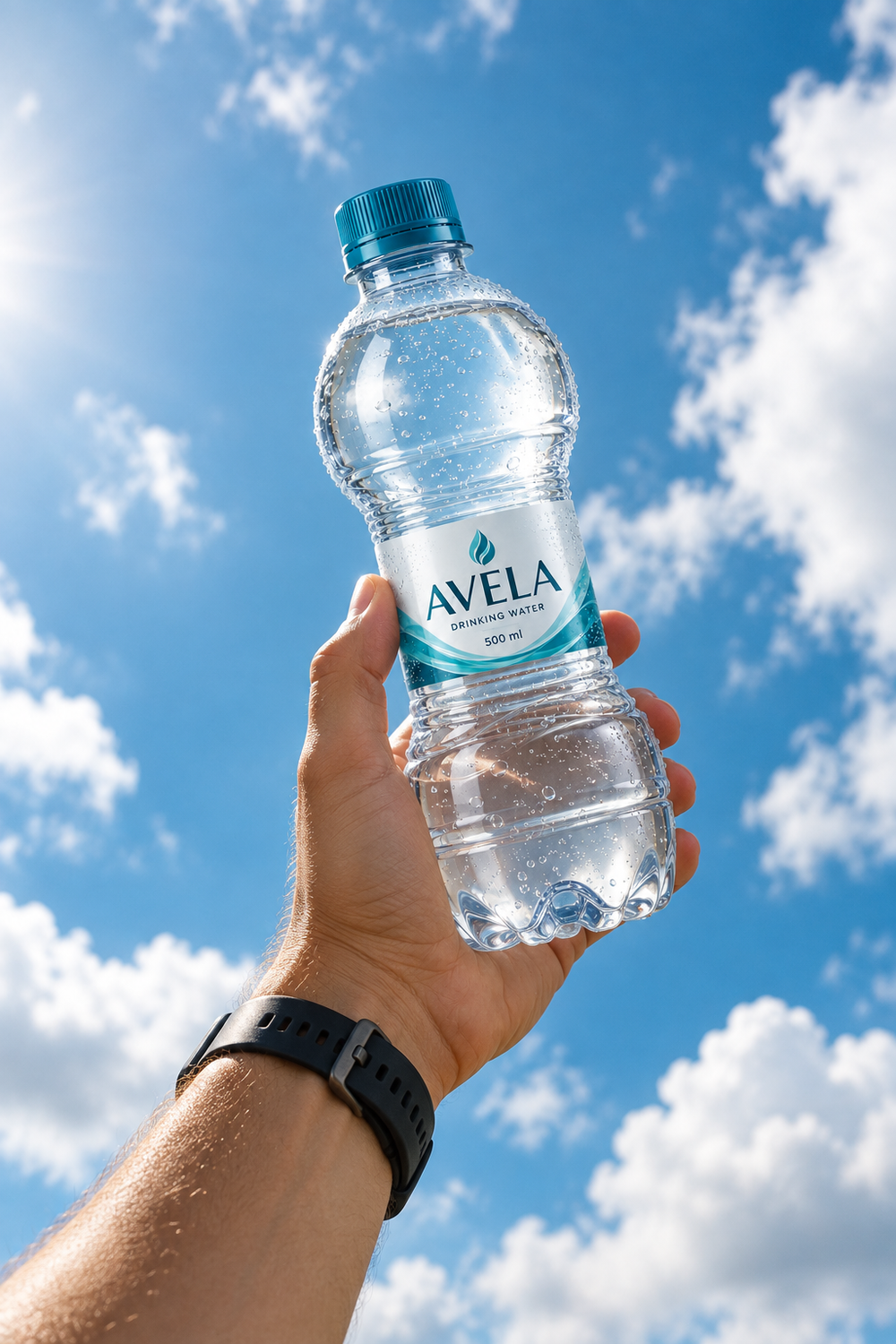AVELA bottle concept held against a blue sky
